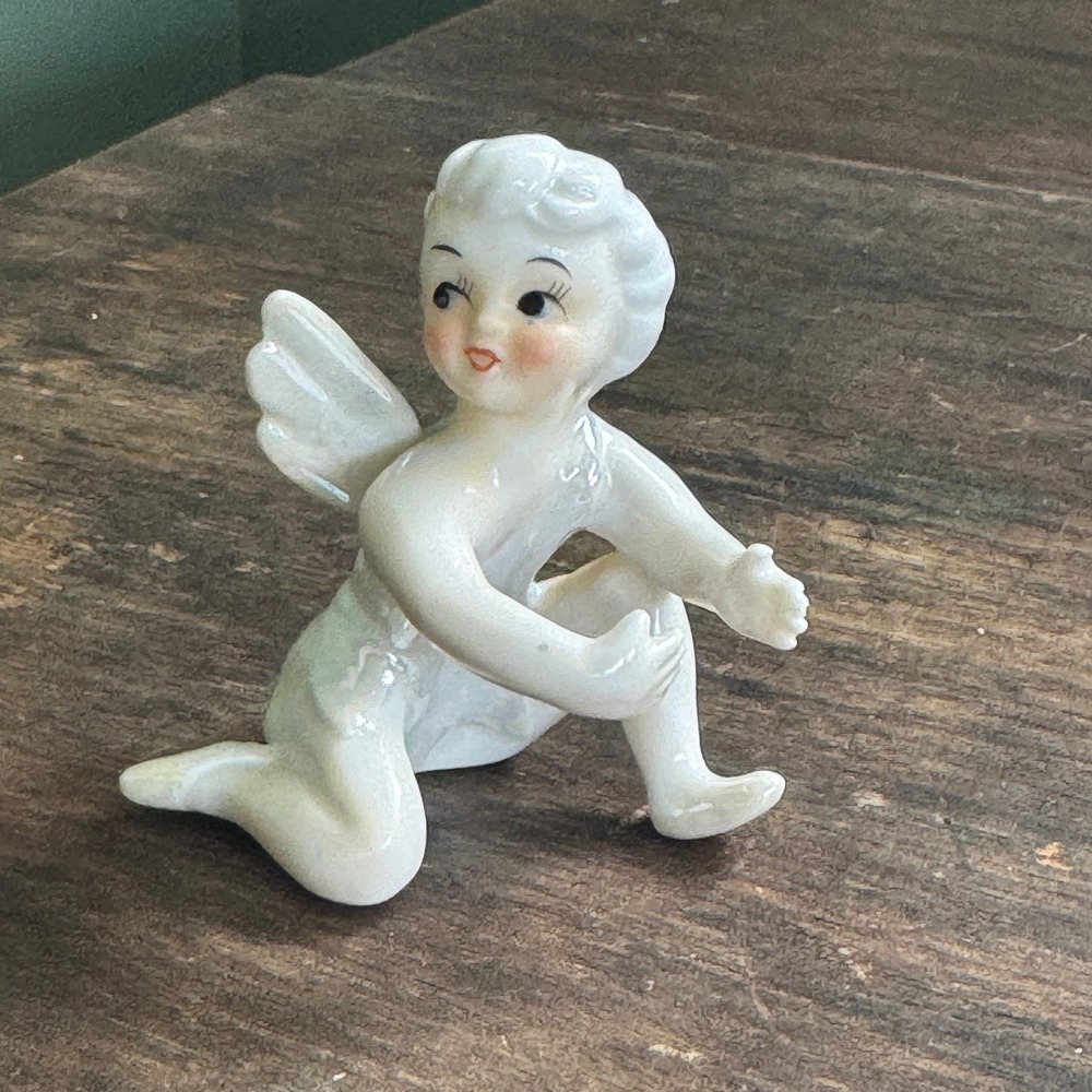 Vintage Iridescent Ceramic Angel Cherub Candle Hugger